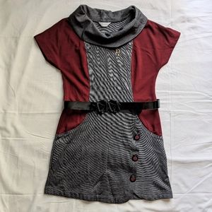 Maroon/grey cowl neck dress with belt